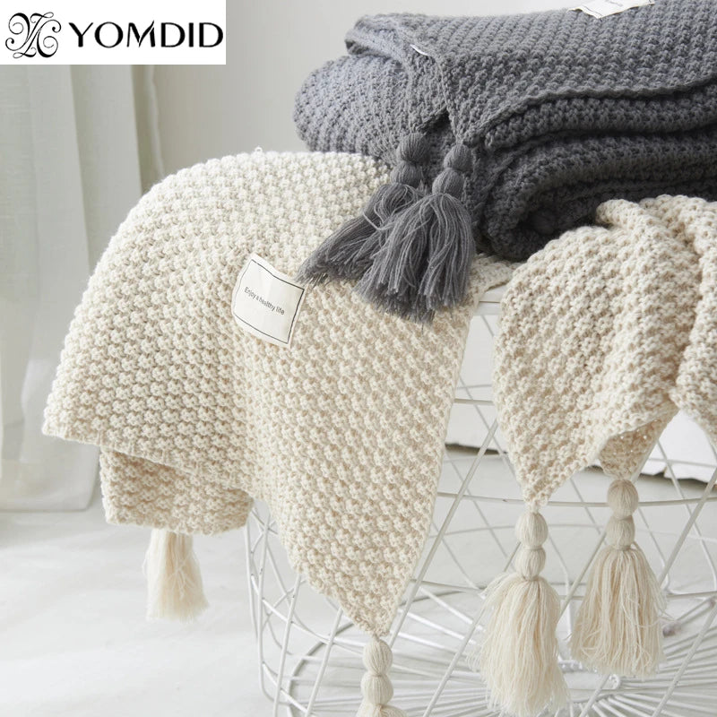 Thread Blanket with Tassel Solid Beige Grey Coffee Throw Blanket for Bed Sofa Home Textile Fashion Cape Knitted Blanket