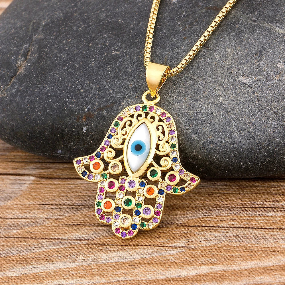 Hot Sale Women Men Hamsa Hand Necklace Gold Color Copper Zircon Evil Eye Pendant & Chain Hip Hop Turkish Luck Jewelry
