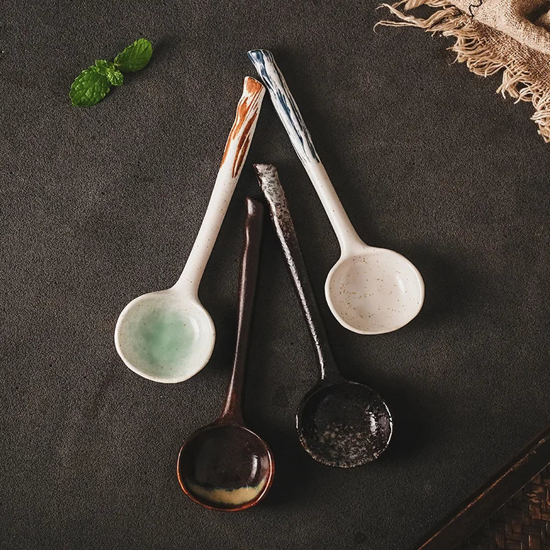 Ceramic Soup Spoon Japanese Tableware Eating Spoon Creative Long handle Spoons Kitchen Cooking Utensil Tool Teaspoon For Kicthen