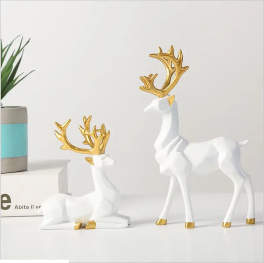 Two(2) Christmas Reindeer Figurines Nordic Style Small Resin Sitting Standing Deer Statues for Home Office Décor