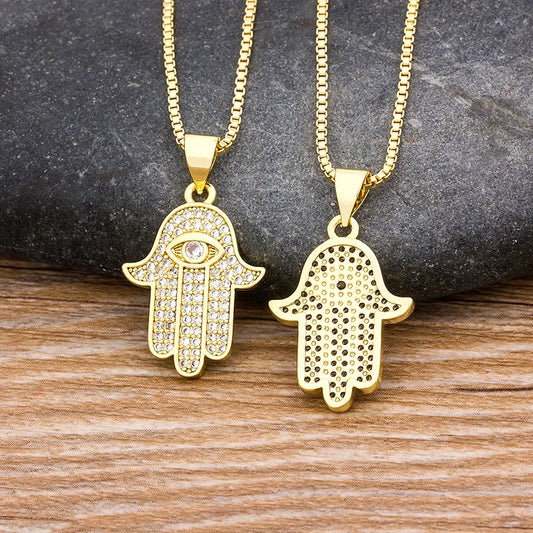 Hot Sale Women Men Hamsa Hand Necklace Gold Color Copper Zircon Evil Eye Pendant & Chain Hip Hop Turkish Luck Jewelry