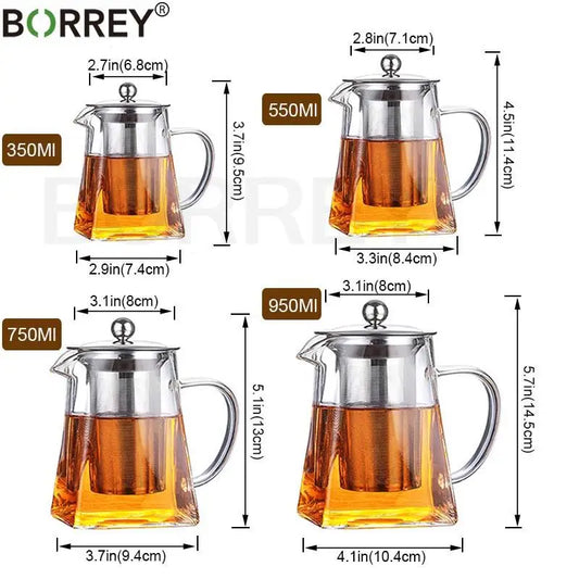 BORREY Heat Resistant Glass Teapot With Stainless Steel Tea Infuser Filter Flower Tea Kettle Kung Fu Tea Set  Puer Oolong Teapot