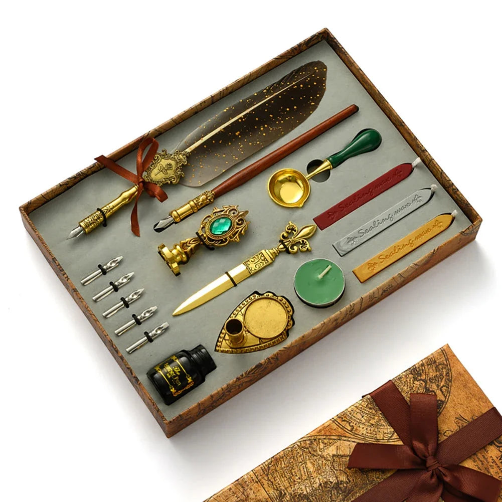 Retro Feather Dip Pen Kit Antique Feather Dip Pen Set Ink Stationery Calligraphy Kit Vintage Classic Wax Seal Stamp Kit