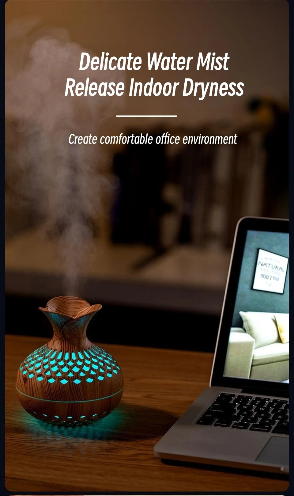 Wood Grain Mini Vase Air Humidifier USB Electric Ultrasonic Water Aroma Essential Oil Diffuser Home Room Fragrance Air Purifier