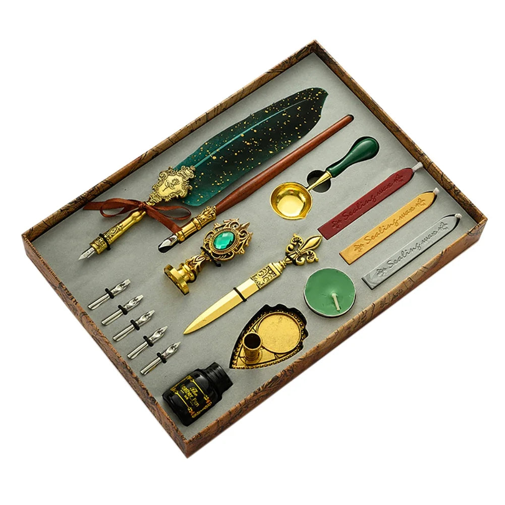 Retro Feather Dip Pen Kit Antique Feather Dip Pen Set Ink Stationery Calligraphy Kit Vintage Classic Wax Seal Stamp Kit