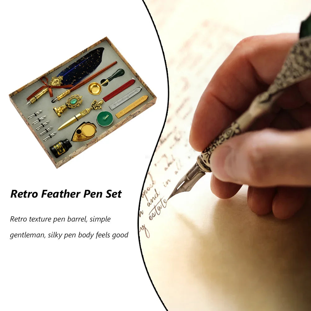 Retro Feather Dip Pen Kit Antique Feather Dip Pen Set Ink Stationery Calligraphy Kit Vintage Classic Wax Seal Stamp Kit