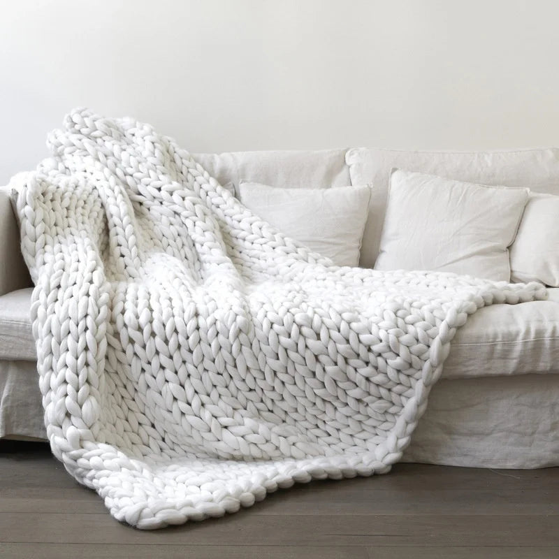 Dropshipping Merino Wool Chunky Knitted Blanket Winter Thick Yarn Bulky Knitting Blankets Handmade Large Big Sofa Bed Blanket