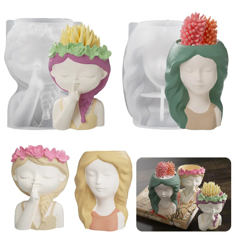 Concrete Vase Silicone Mold DIY Handmade Girl Head Shaped Flower Pot Plaster Epoxy Resin Pen Holder Molds Home Decor Supplies