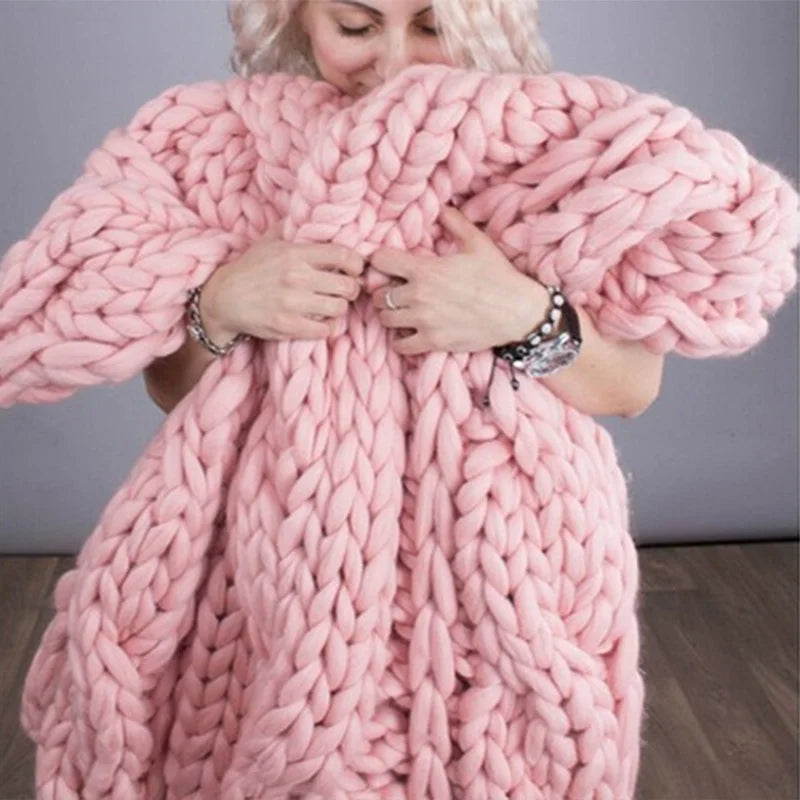 Dropshipping Merino Wool Chunky Knitted Blanket Winter Thick Yarn Bulky Knitting Blankets Handmade Large Big Sofa Bed Blanket