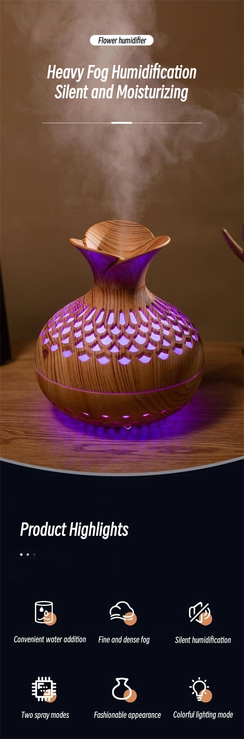 Wood Grain Mini Vase Air Humidifier USB Electric Ultrasonic Water Aroma Essential Oil Diffuser Home Room Fragrance Air Purifier