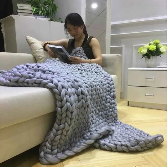 Dropshipping Merino Wool Chunky Knitted Blanket Winter Thick Yarn Bulky Knitting Blankets Handmade Large Big Sofa Bed Blanket