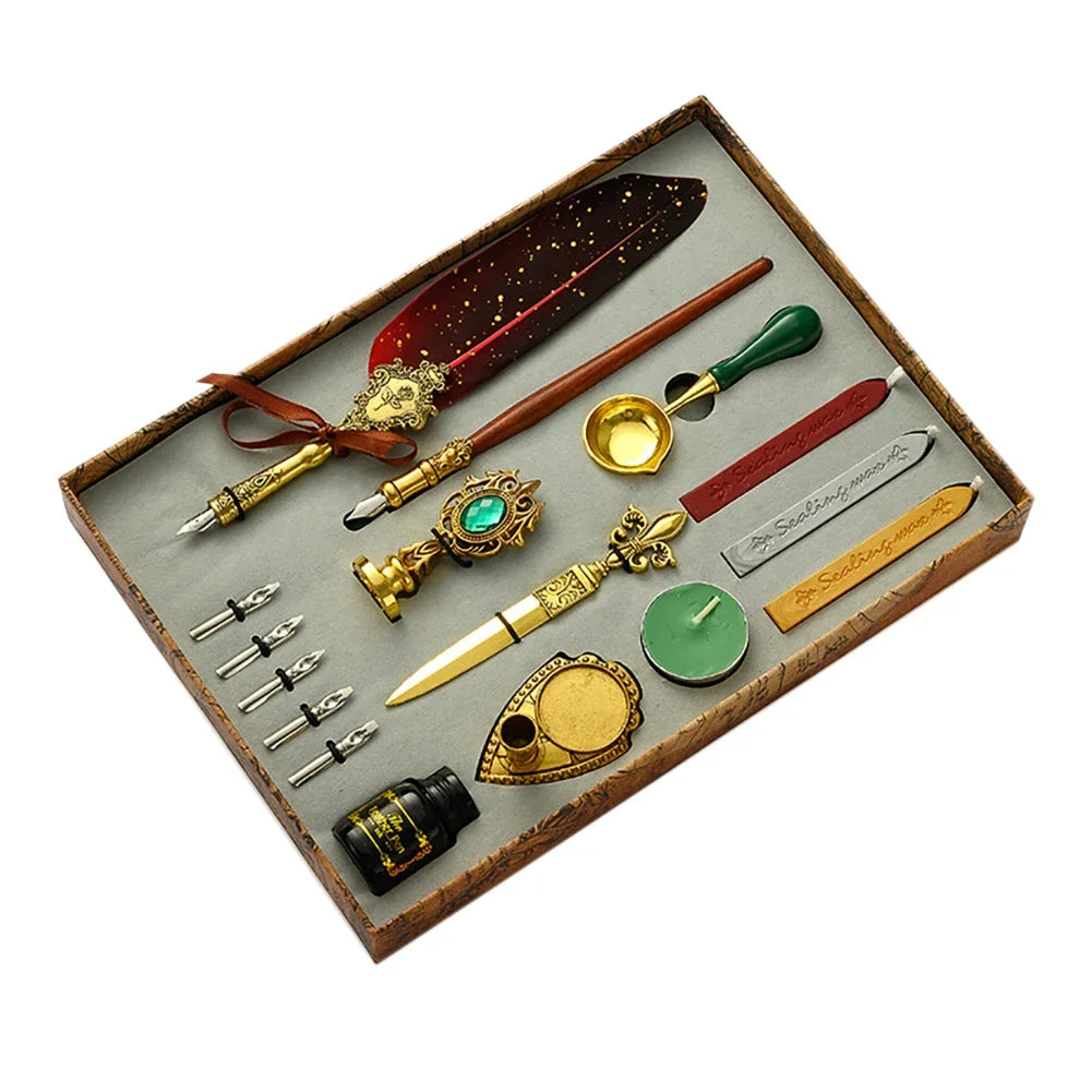 Retro Feather Dip Pen Kit Antique Feather Dip Pen Set Ink Stationery Calligraphy Kit Vintage Classic Wax Seal Stamp Kit