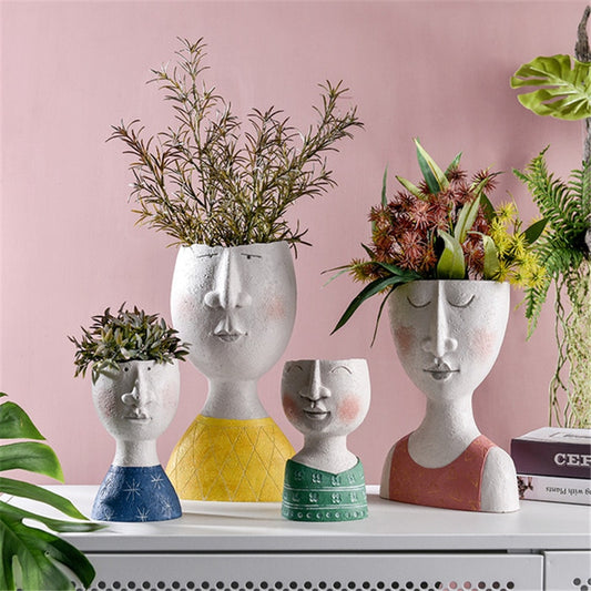 Art Portrait Flower Pot Vase Sculpture Resin Human Face Family Flower Pot Handmade Garden Flower Arrangement Home Decors