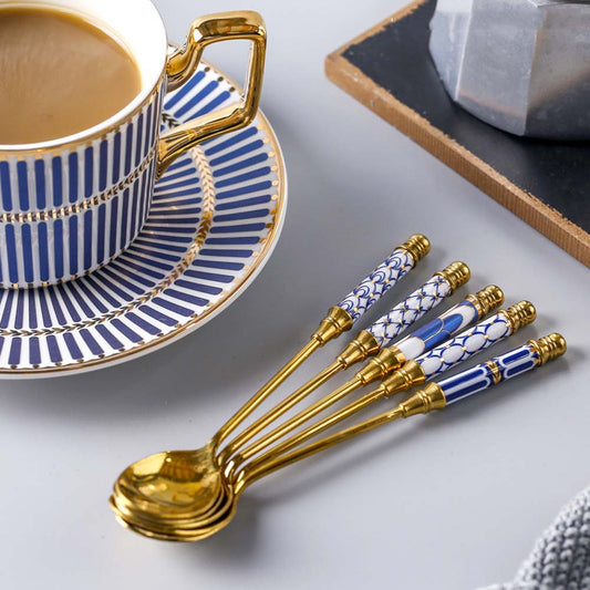 Ceramic Long Handle Brilliant Teaspoon Gold-Plated Dessert Spoon