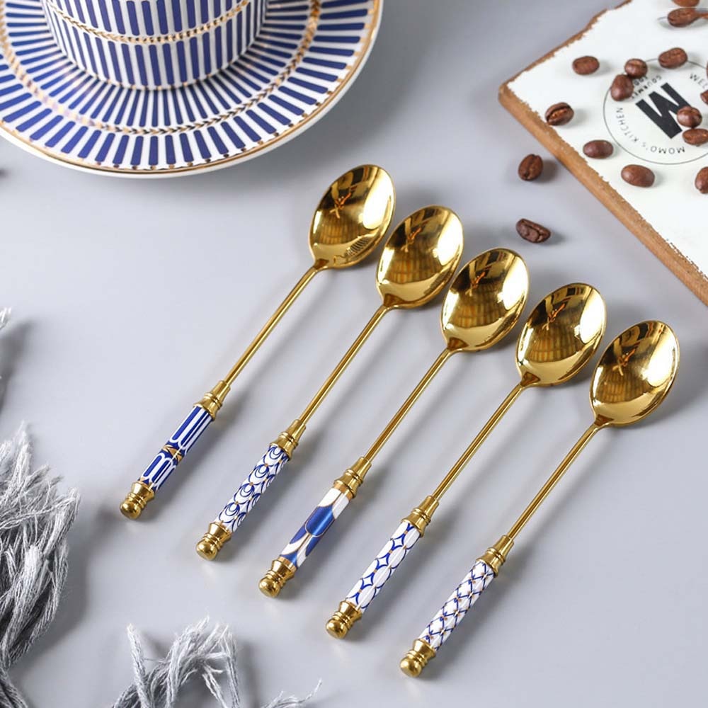 Ceramic Long Handle Brilliant Teaspoon Gold-Plated Dessert Spoon