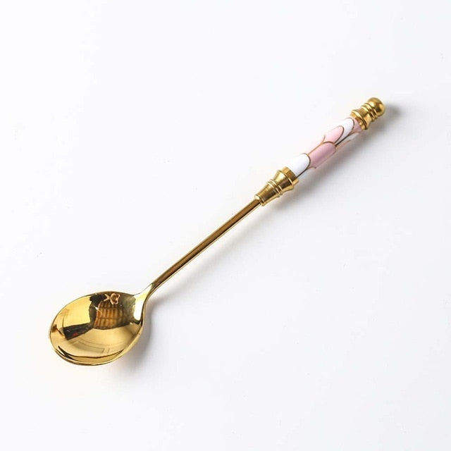 Ceramic Long Handle Brilliant Teaspoon Gold-Plated Dessert Spoon