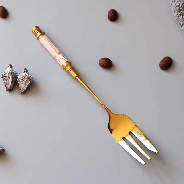 Ceramic Long Handle Brilliant Teaspoon Gold-Plated Dessert Spoon