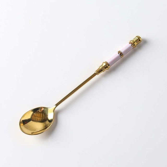 Ceramic Long Handle Brilliant Teaspoon Gold-Plated Dessert Spoon