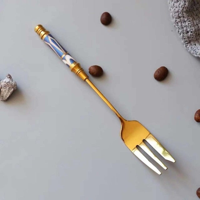 Ceramic Long Handle Brilliant Teaspoon Gold-Plated Dessert Spoon