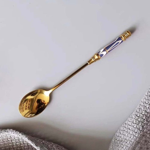 Ceramic Long Handle Brilliant Teaspoon Gold-Plated Dessert Spoon