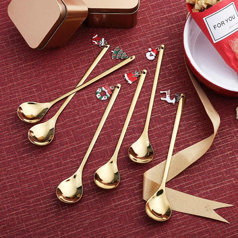 6pcs Stainless Steel Christmas Spoon Gold Home Party Decorative Tableware Dessert Coffee Tea Stirring Spoons Dinner Cutlery Gift