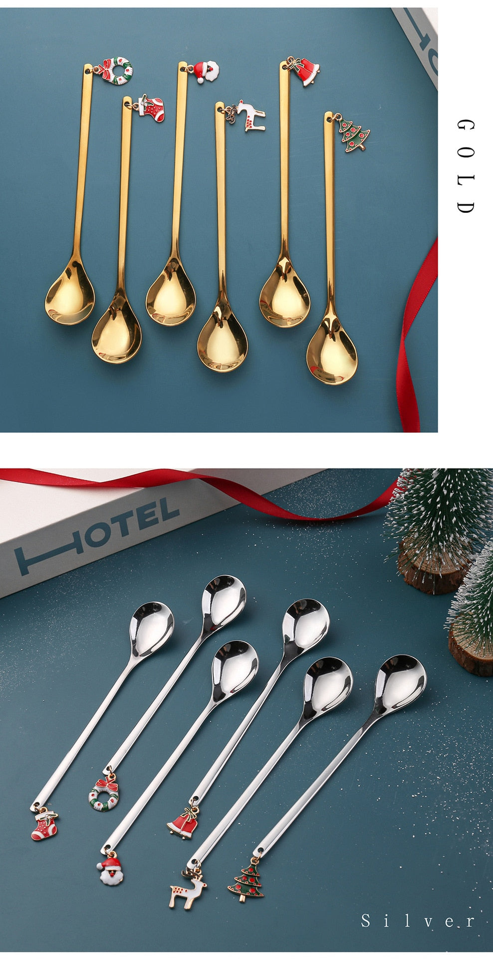 6pcs Stainless Steel Christmas Spoon Gold Home Party Decorative Tableware Dessert Coffee Tea Stirring Spoons Dinner Cutlery Gift