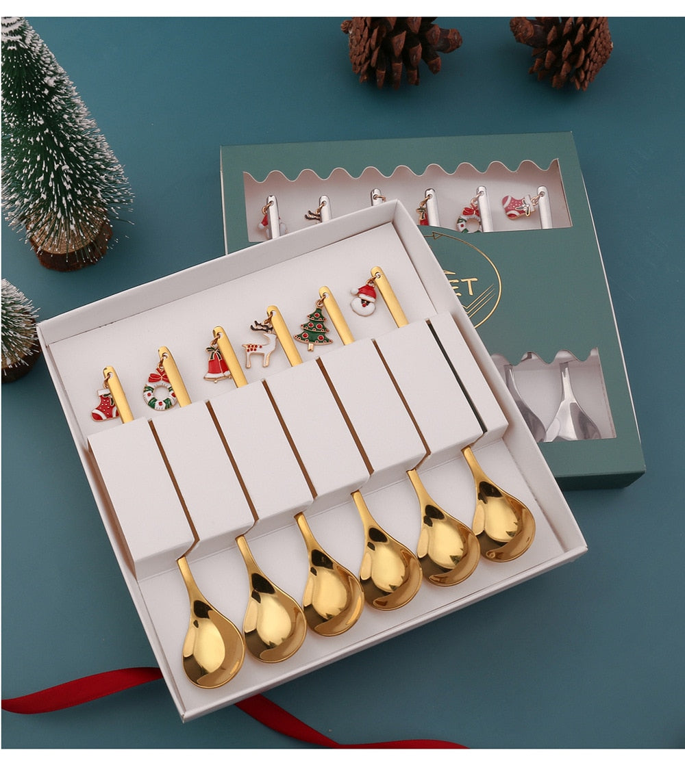 6pcs Stainless Steel Christmas Spoon Gold Home Party Decorative Tableware Dessert Coffee Tea Stirring Spoons Dinner Cutlery Gift